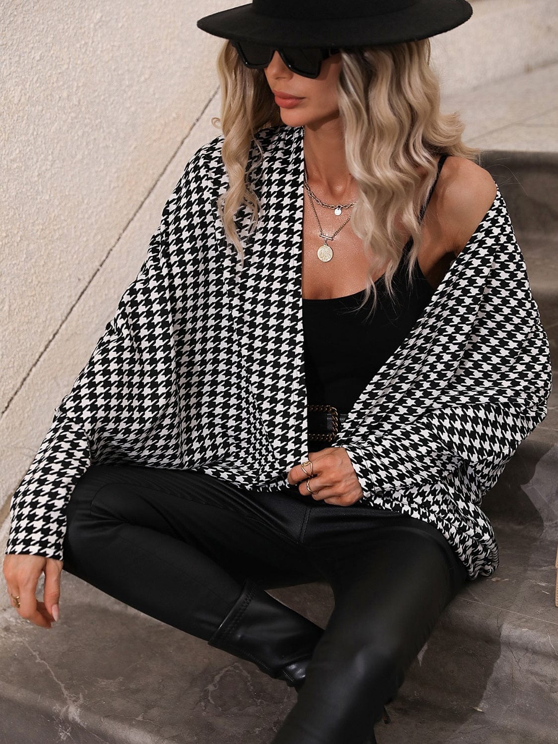 Houndstooth Open Front Batwing Sleeve Cardigan - Trendsi