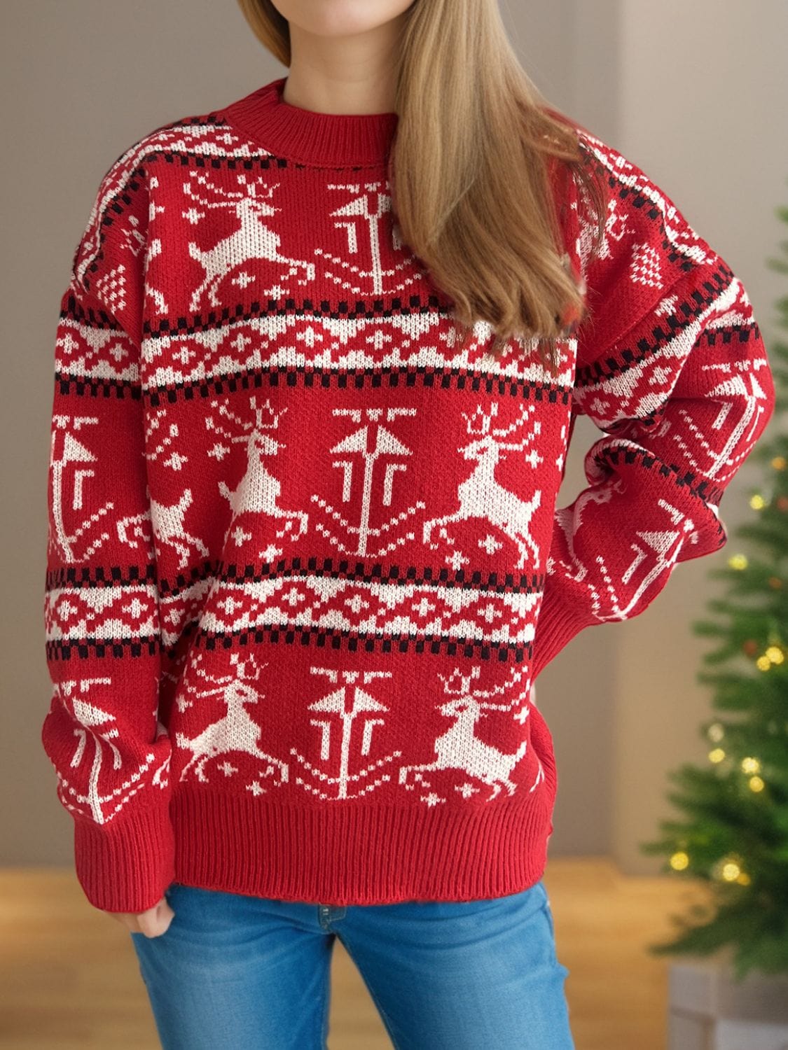 Christmas Element Round Neck Long Sleeve Sweater - Trendsi