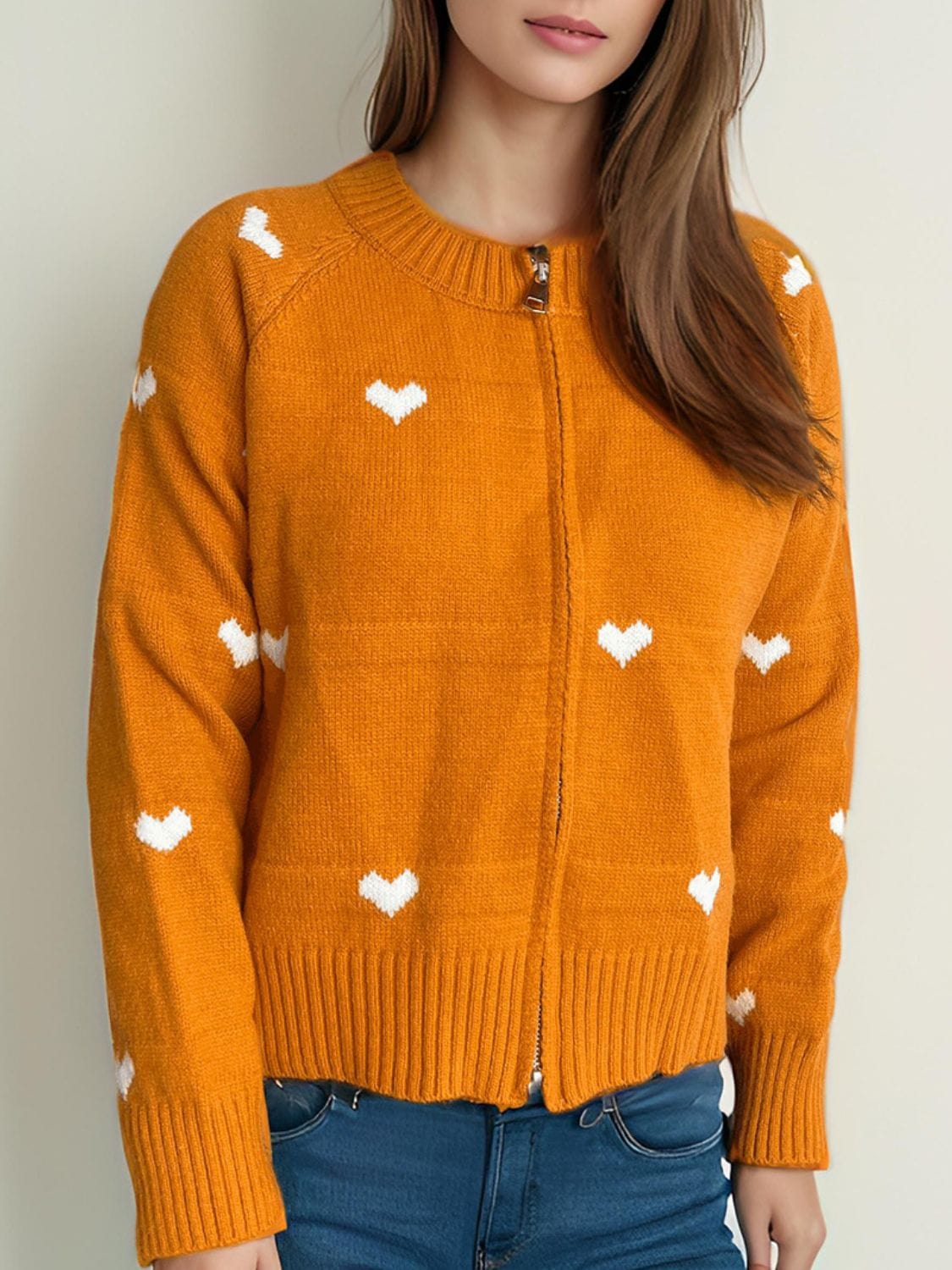 Heart Round Neck Zip Up Cardigan - Trendsi