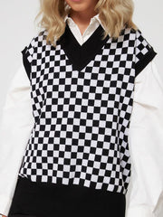 Full Size Checkered V-Neck Cap Sleeve Sweater