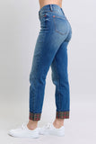 Judy Blue Full Size Plaid Print Cuff Straight Leg Jeans with Pockets - Trendsi