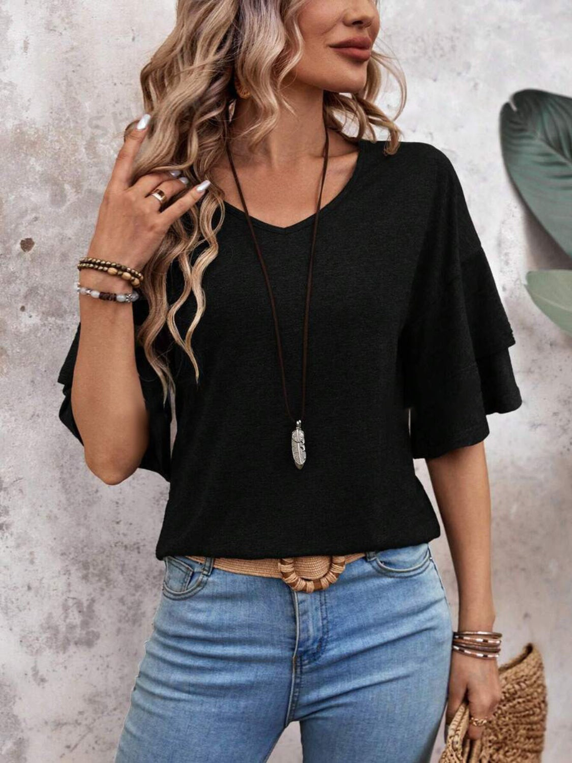 V-Neck Half Sleeve Blouse Trendsi