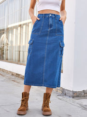 Slit Midi Denim Skirt with Pockets Trendsi