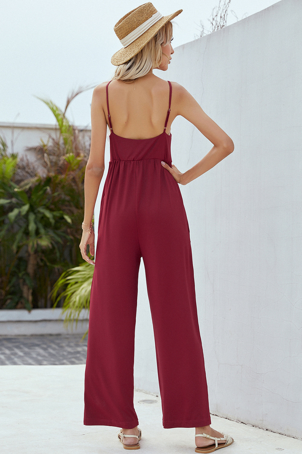 V-Neck Spaghetti Strap Wide Leg Jumpsuit Trendsi