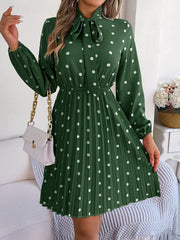 Polka Dot Tie Neck Pleated Dress - Flyclothing LLC