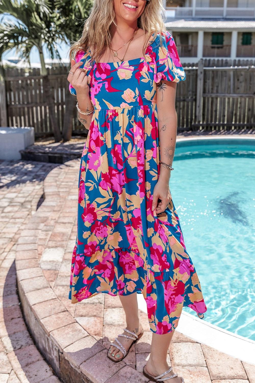 Printed Square Neck Short Sleeve Midi Dress - Flyclothing LLC