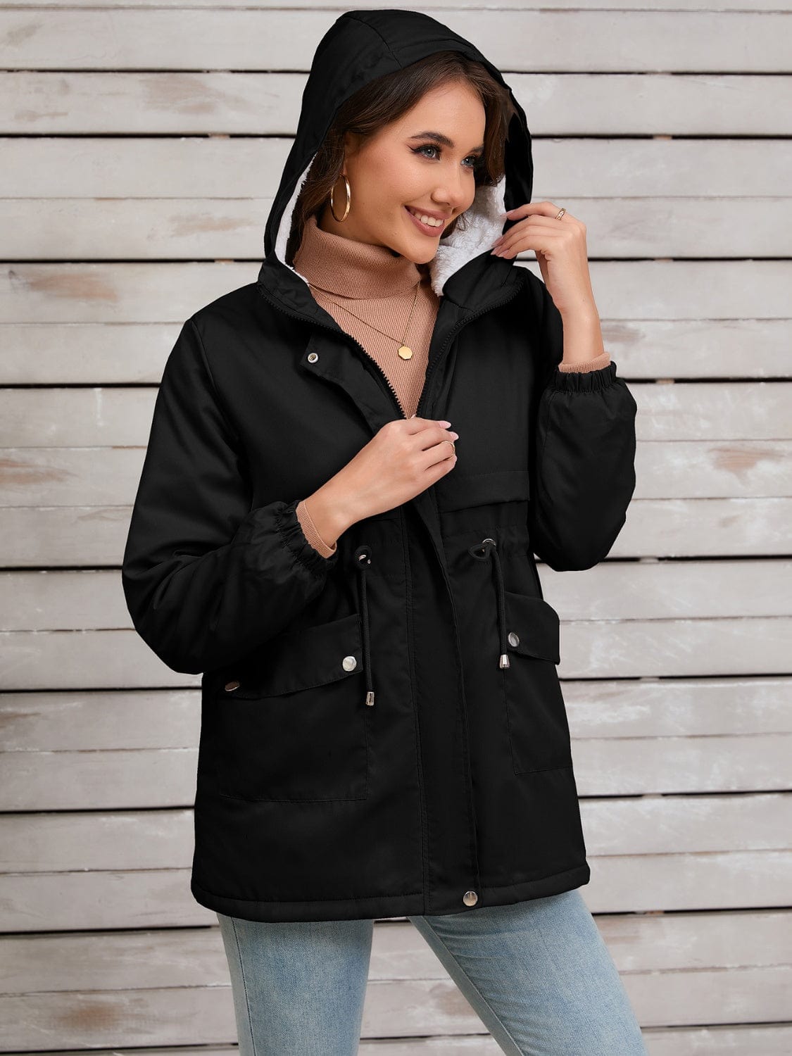 Drawstring Long Sleeve Hooded Jacket - Trendsi