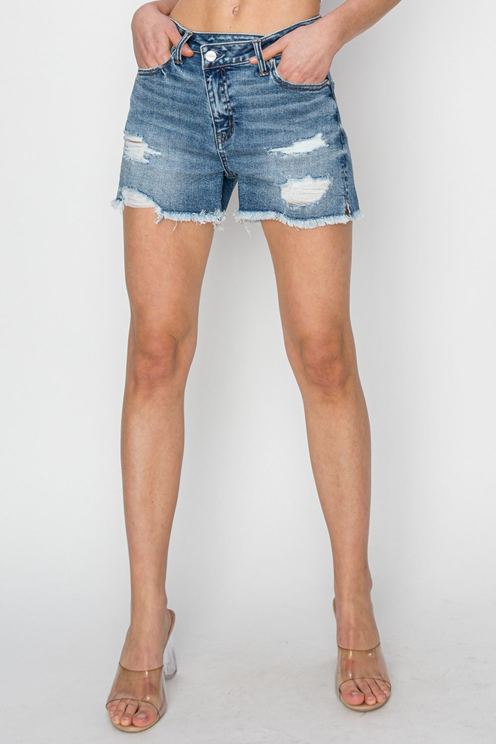 RISEN Stepped Waist Frayed Denim Shorts - Flyclothing LLC