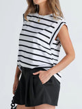 Striped Round Neck Cap Sleeve T-Shirt - Flyclothing LLC