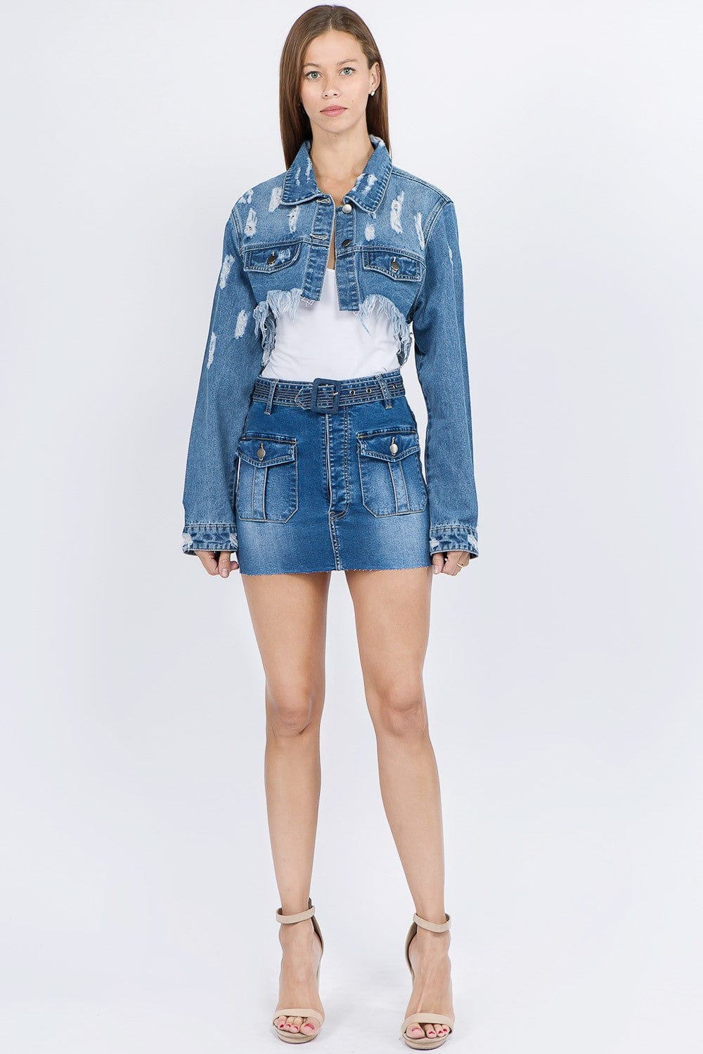 American Bazi Distressed Denim Jacket with Frayed Hem - Trendsi