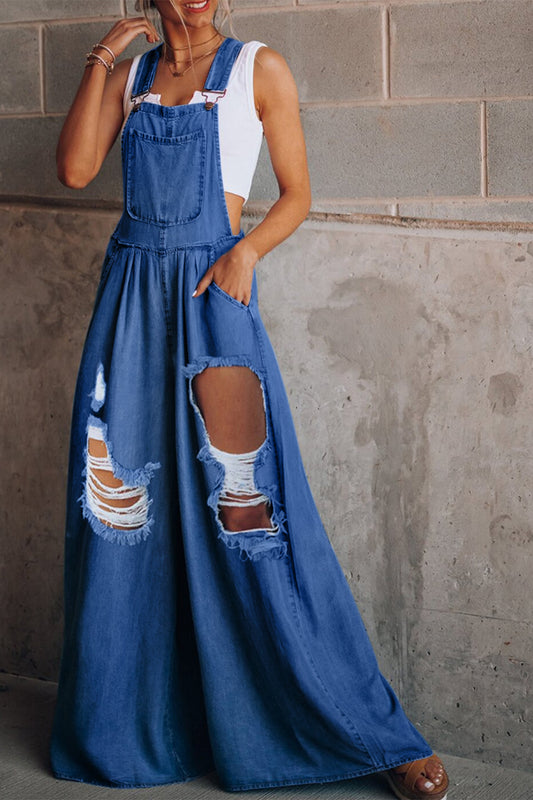 Distressed Wide Leg Denim Overalls Trendsi