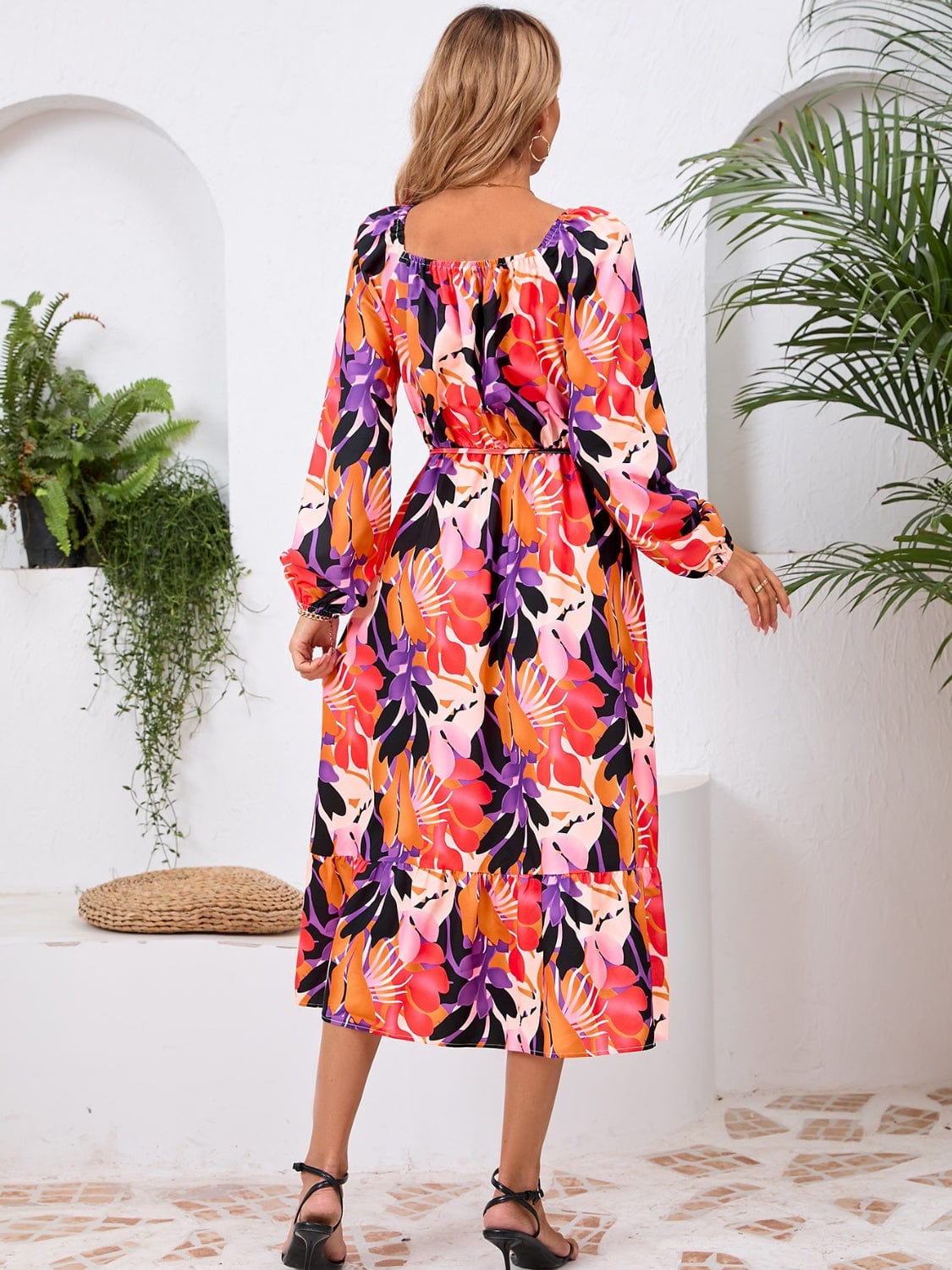 Printed Long Sleeve Midi Dress - Trendsi