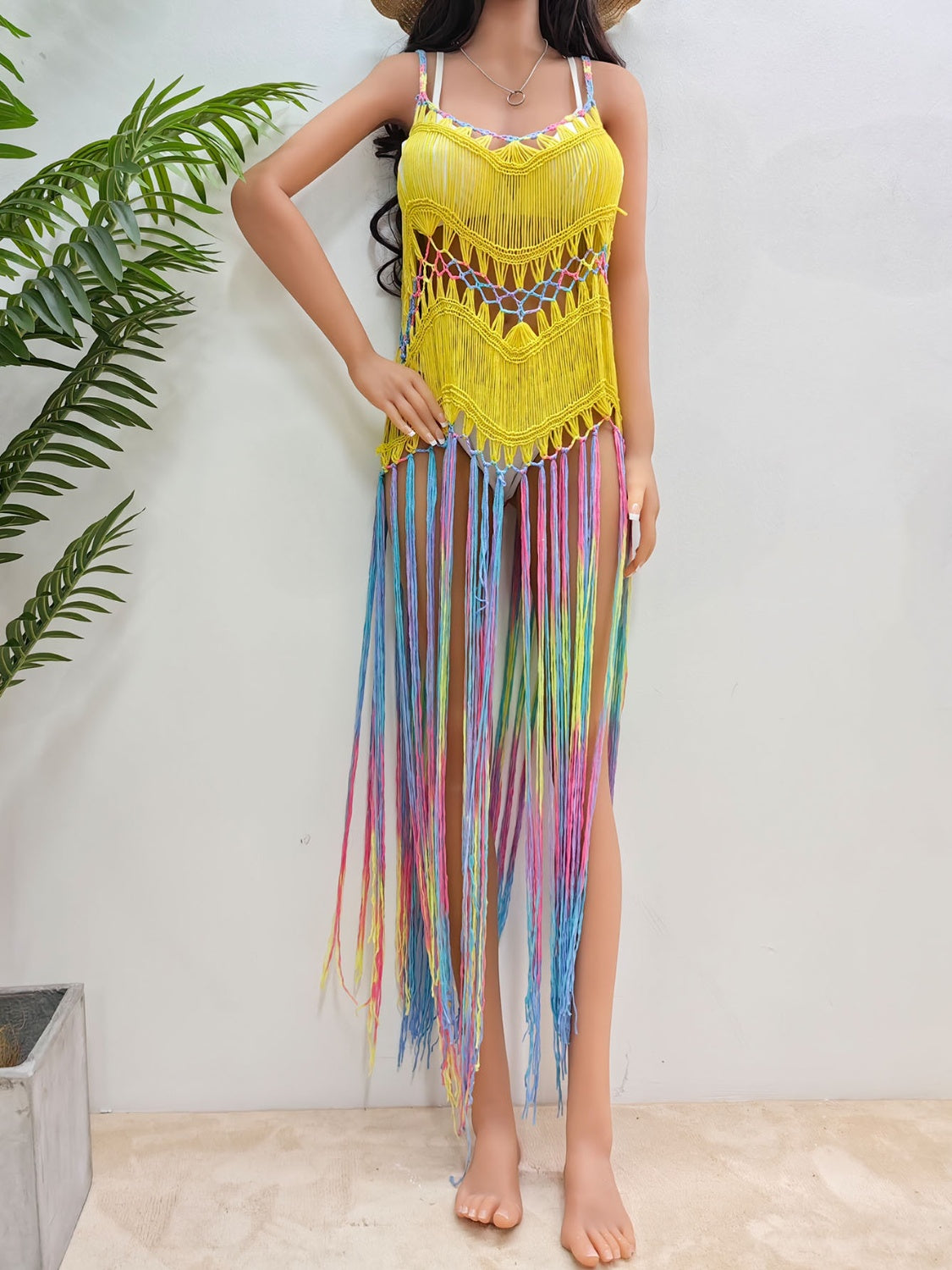 Fringe Scoop Neck Spaghetti Strap Cover-Up - Flyclothing LLC