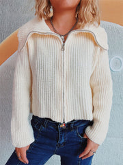 Collared Neck Zip Up Long Sleeve Cardigan - Trendsi