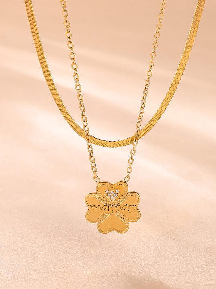 2 Piece 18K Gold-Plated Inlaid Zircon Lucky Clover Necklace - Trendsi