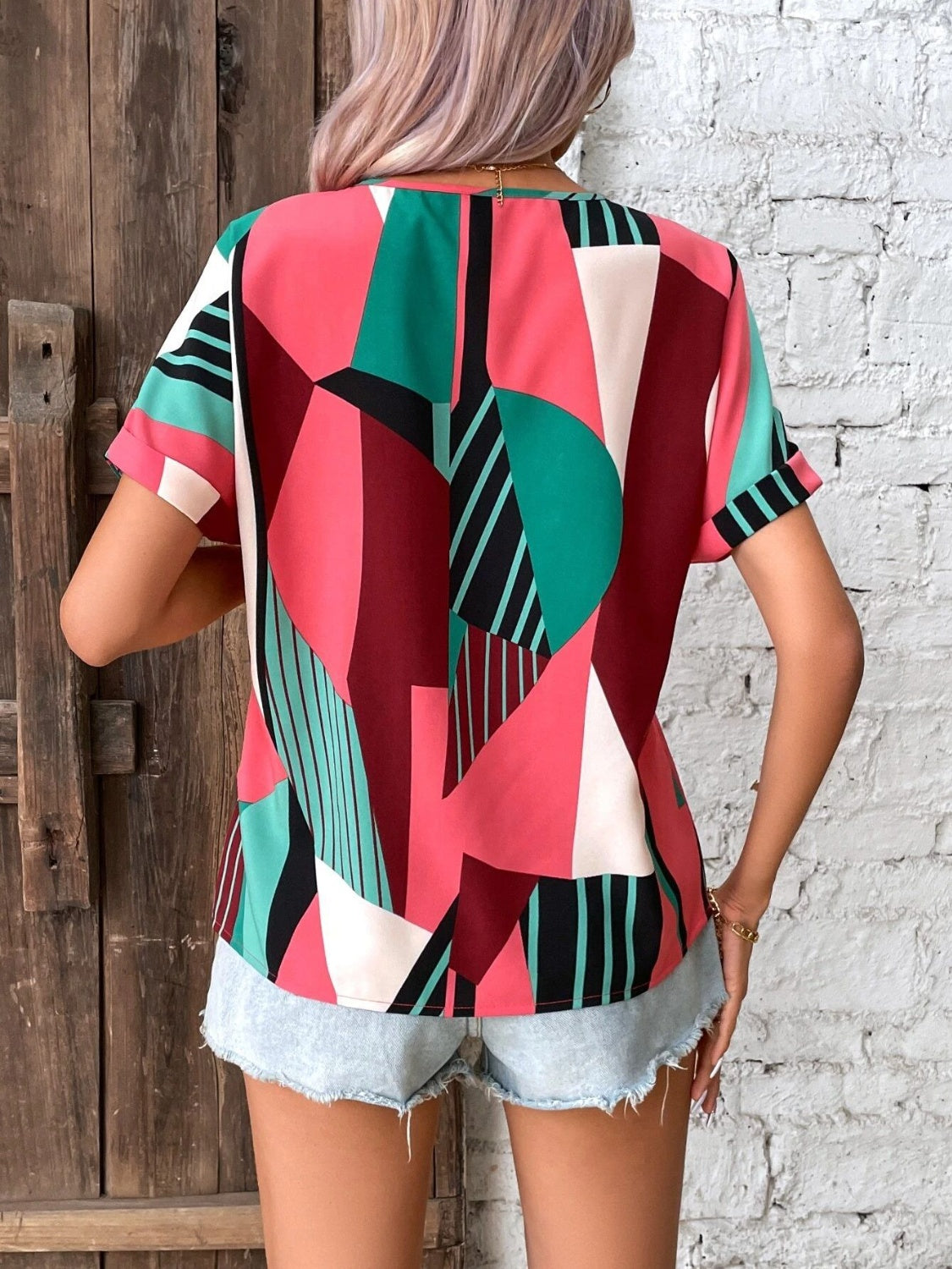 Printed V-Neck Short Sleeve Blouse - Flyclothing LLC