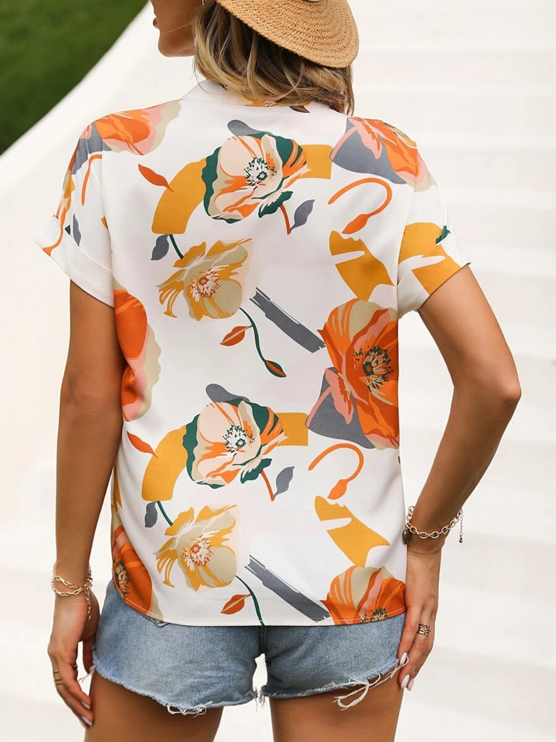 Printed Notched Short Sleeve Blouse - Flyclothing LLC