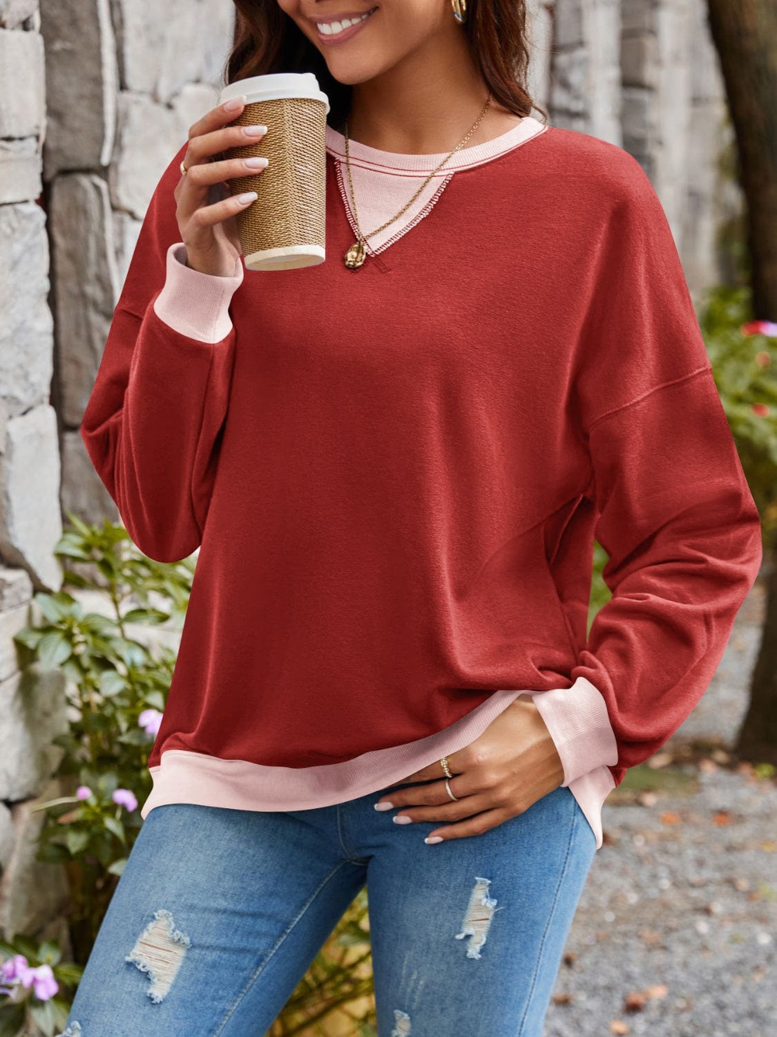 Contrast Round Neck Long Sleeve Sweatshirt - Trendsi