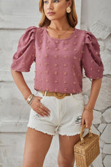 Swiss Dot Round Neck Short Sleeve Blouse Trendsi