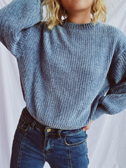 Round Neck Dropped Shoulder Long Sleeve Sweater - Trendsi