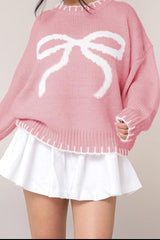 Bow Graphic Round Neck Long Sleeve Sweater - Trendsi