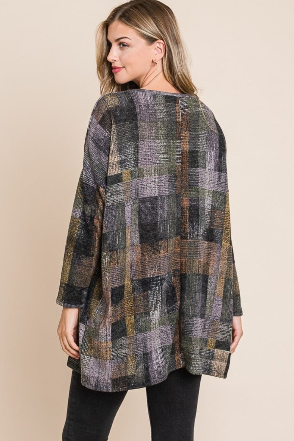 BOMBOM Plaid Round Neck Long Sleeve Top - Trendsi