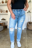 Judy Blue Full Size Distressed Straight Jeans with Patch Pockets - Trendsi