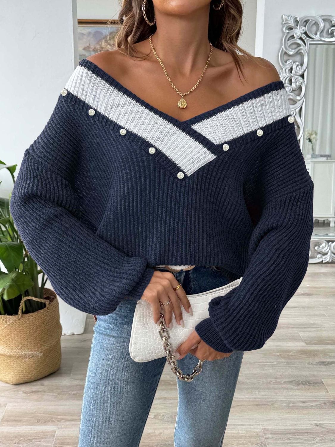 Contrast Trim Dropped Shoulder Long Sleeve Sweater - Trendsi