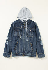 Fake Two-Piece Hooded Zip-Up Denim Jacket