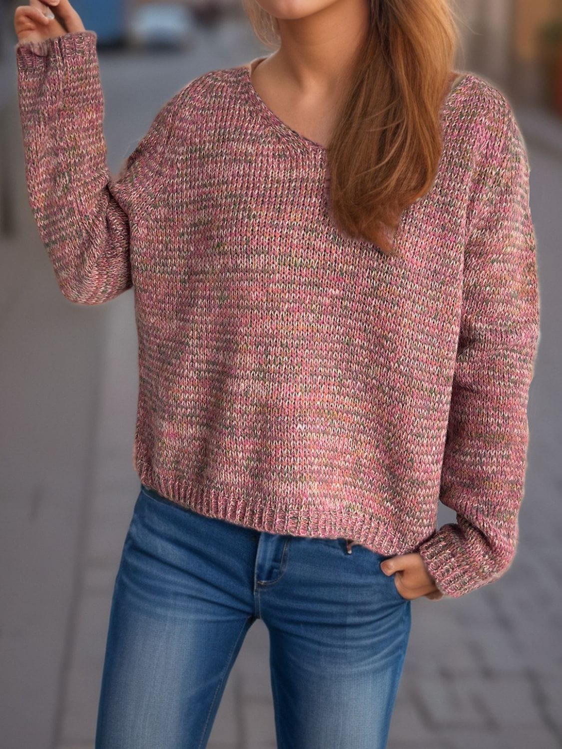 Heathered V-Neck Long Sleeve Sweater - Trendsi