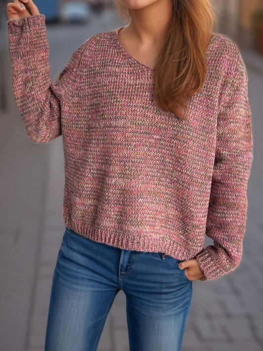 Heathered V-Neck Long Sleeve Sweater - Trendsi