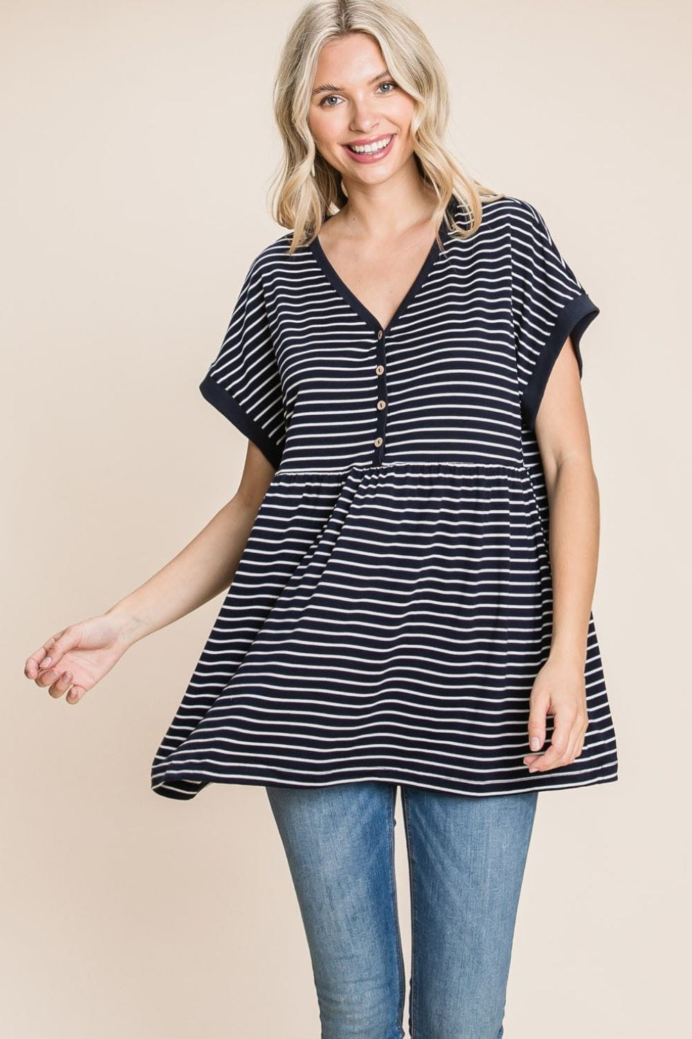 Cotton Bleu by Nu Label Striped Button Front Baby Doll Top - Trendsi