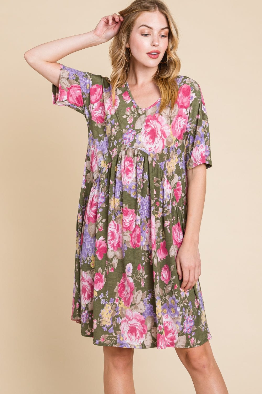 BOMBOM Flower Print V-Neck Ruched Dress - Trendsi