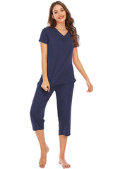 V-Neck Short Sleeve Top and Pants Lounge Set - Flyclothing LLC