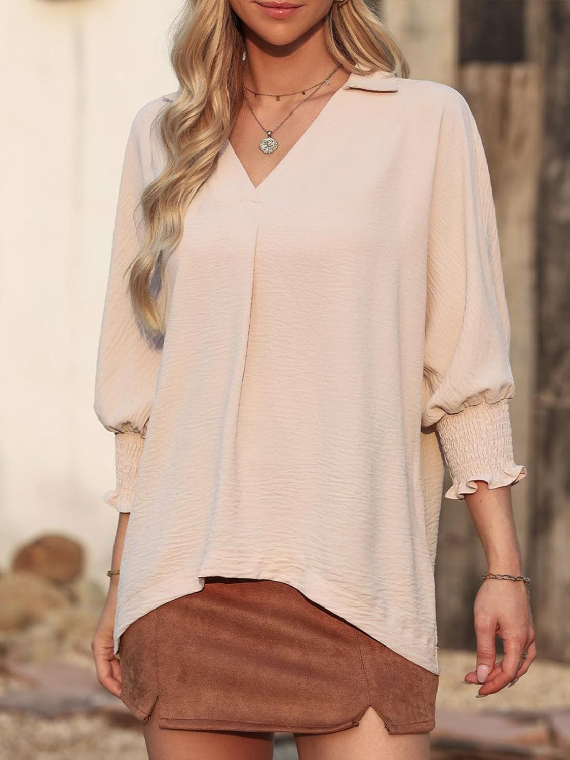 Johnny Collar Three-Quarter Sleeve Blouse - Trendsi