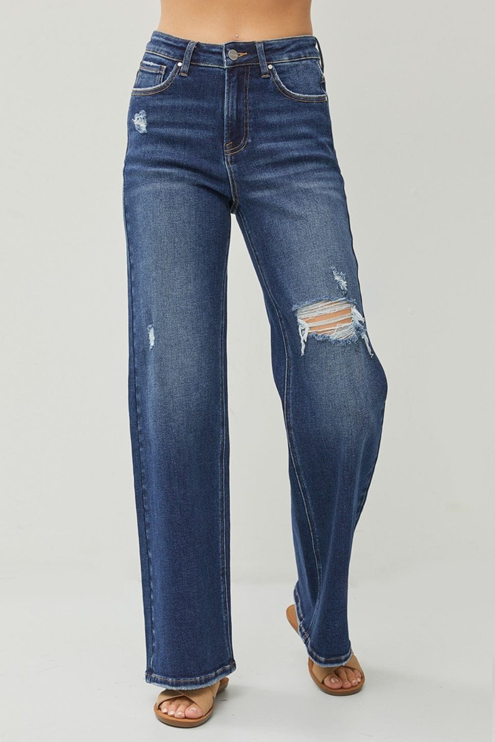 RISEN Full Size High Rise Distressed Wide Leg Jeans - Trendsi