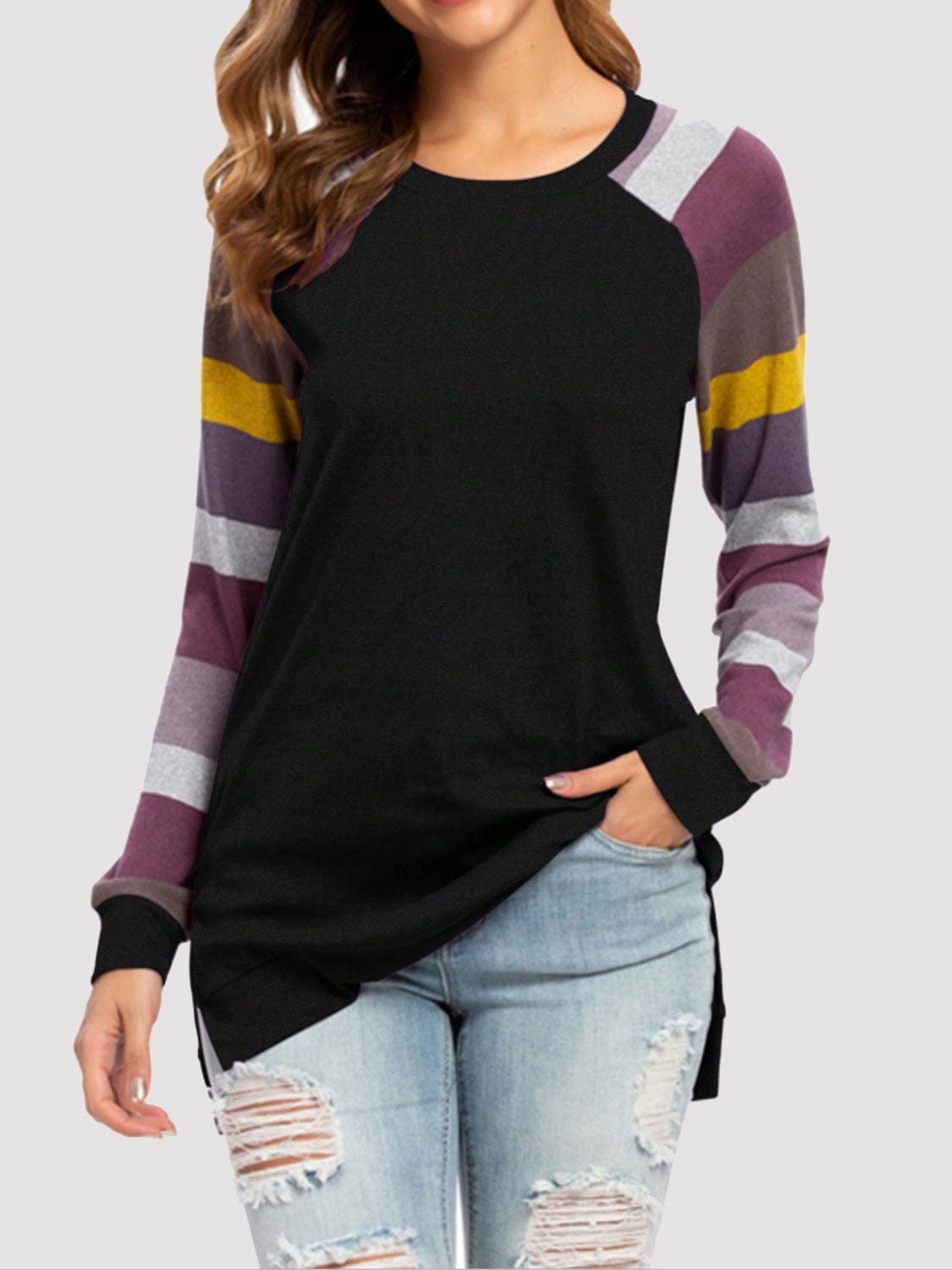 Color Block Round Neck Long Sleeve T-Shirt - Trendsi