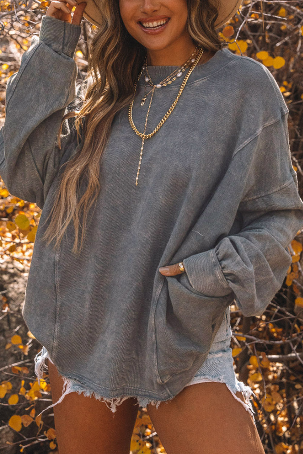 Twisted Plunge Neck Dropped Shoulder Sweatshirt - Flyclothing LLC