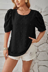 Swiss Dot Round Neck Short Sleeve Blouse Trendsi