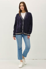 Be Cool Contrast Trim Cable-Knit V-Neck Cardigan - Trendsi