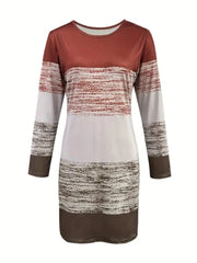 Color Block Round Neck Long Sleeve Dress - Trendsi