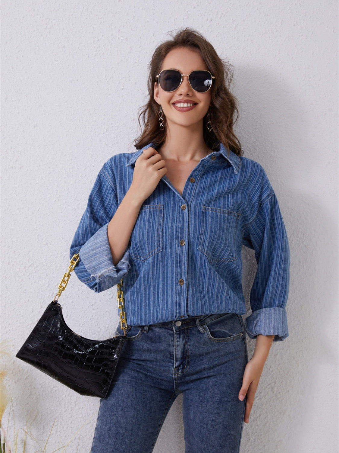 Pocketed Striped Button Up Denim Shirt - Flyclothing LLC