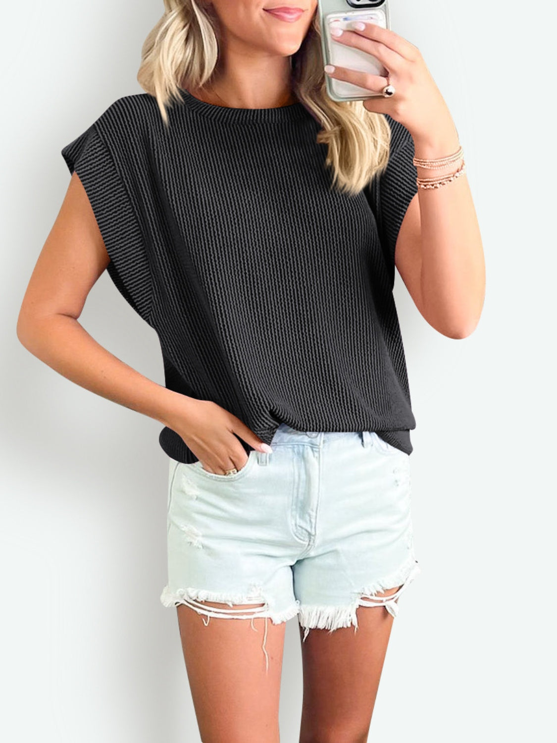 Textured Round Neck Cap Sleeve Blouse Trendsi