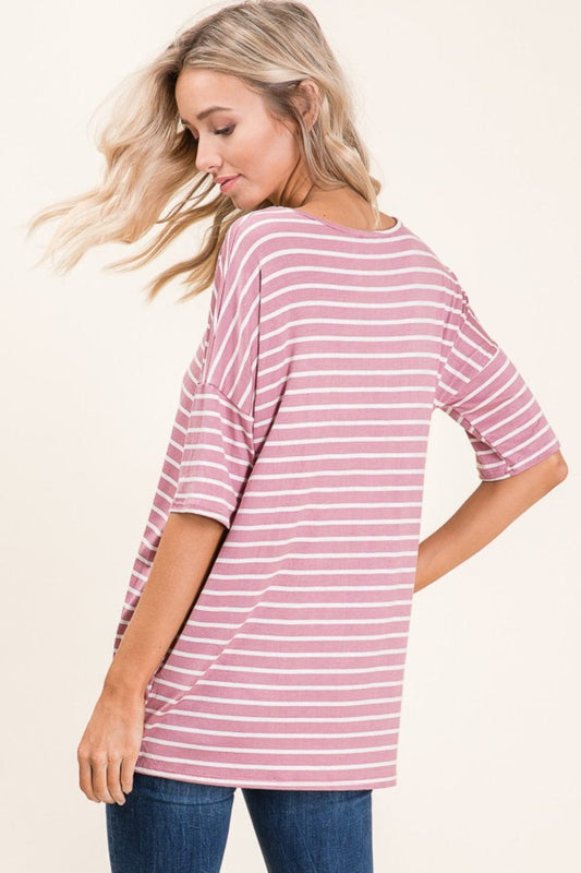 BOMBOM Striped Round Neck Half Sleeve T-Shirt - Trendsi