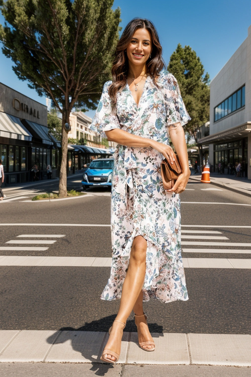 High-Low Printed Surplice Flutter Sleeve Midi Dress Trendsi