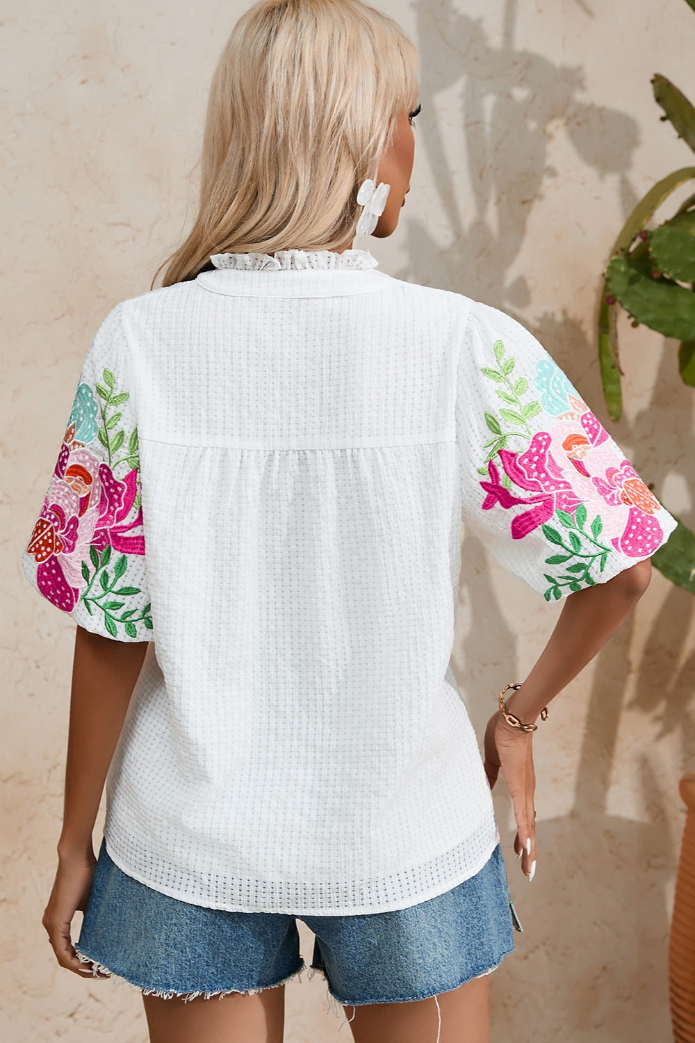 Embroidered Notched Half Sleeve Blouse - Flyclothing LLC