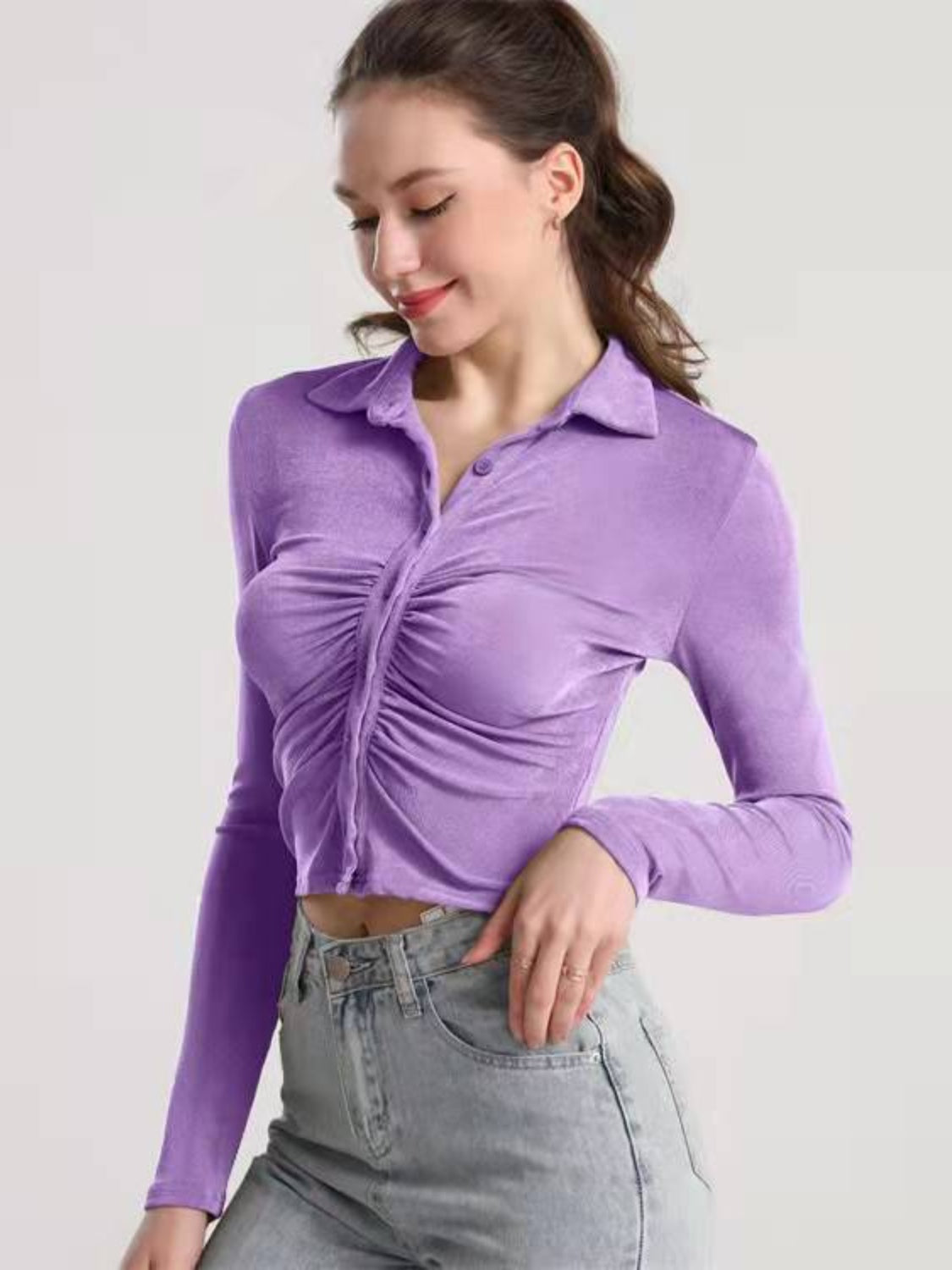 Ruched Button Up Long Sleeve T-Shirt - Flyclothing LLC