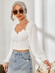 Mesh Sweetheart Neck Flounce Sleeve Top - Trendsi