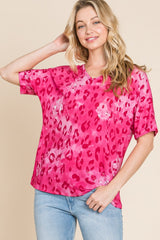 BOMBOM Leopard V-Neck Short Sleeve T-Shirt - Trendsi