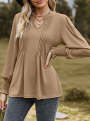 Ruched Notched Long Sleeve T-Shirt - Trendsi